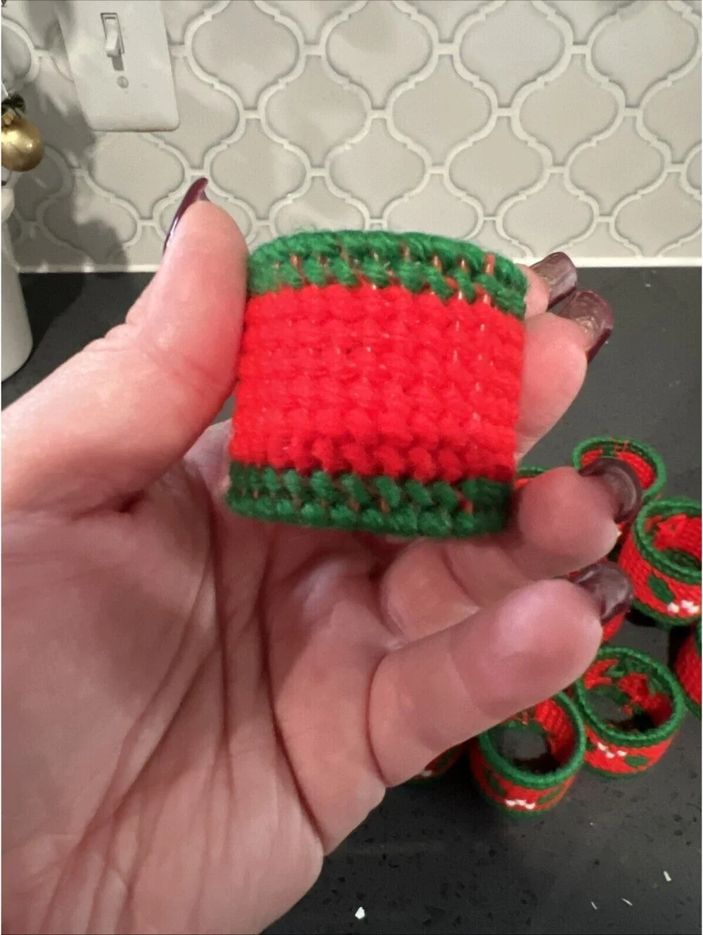 Handmade Needlepoint Holly Berry Christmas Napkin Ring Set of 17 Red Green White
